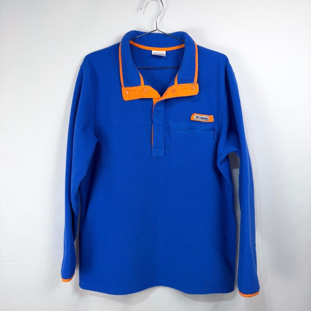 Columbia Blue Orange Fleece Pullover Sweater Snap Adult Medium